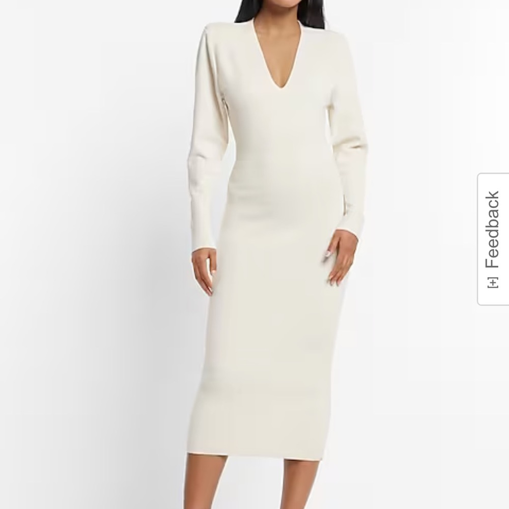 V-Neck Long Sleeve Padded Shoulder
Back Cutout Midi Sweater Dress